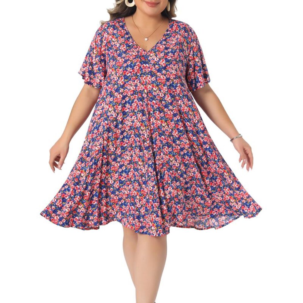 Women Plus Size Sundress V Neck Floral with Pockets Dress Pink Blue